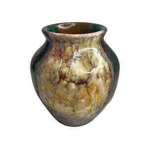 Studio Art Pottery Raku Fired Vase Iridescent Metallic Artist Signed Earth Tones